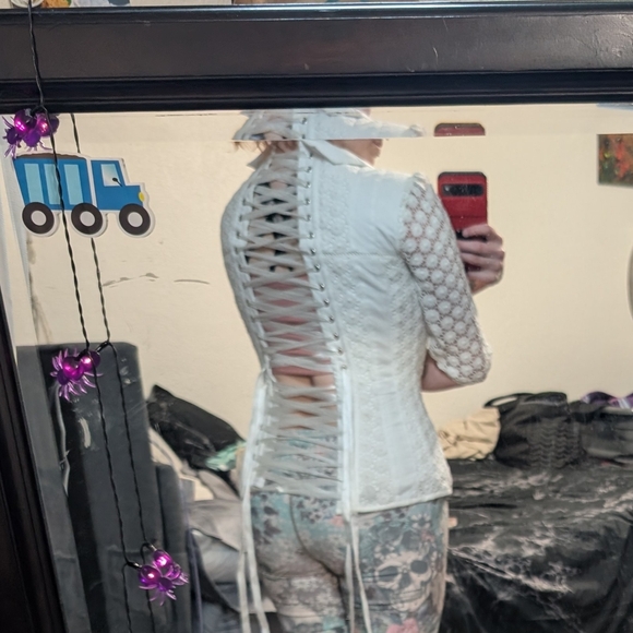 White Lace-Up Ruffled Women's Top - Picture 6 of 6